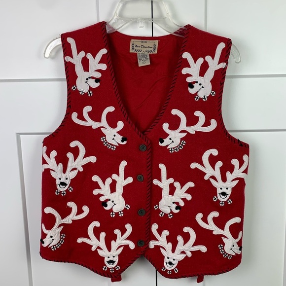 new directions Sweaters - Vintage Wool Blend Vest SMALL Red White Reindeer Holiday Ugly Christmas